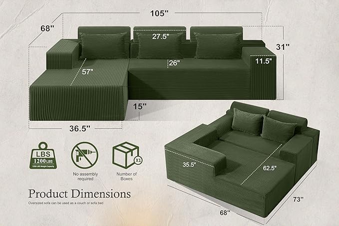 HABUTWAY Sectional Couches for Living Room,No Assembly L Shaped Couch 105" Modular Sectional Sofa Couch with Deep Seat,Cloud Couches Furniture Sets for Apartment,Corduroy (Green, Left Facing)