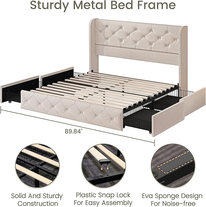 LARMACE Full Size Bed Frame with 4 Storage Drawers and 47.2" Tall Wingback Headboard Linen Upholstered Platform Bed Frame Tufted Beds with Wooden Slats Support, Easy Assembly, Beige