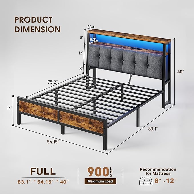 Homkdom Full Size Bed Frame with Charging Station and LED Lights, Grey Upholstered Headboard with 2-Tier Storage Shelves,12" Under-Bed Storage, No Sliding,Noise-Free,Easy Assembly,Vintage Brown