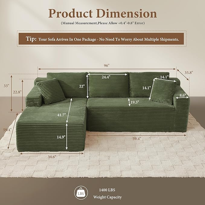 95" Sectional Couches for Living Room Cloud Couch Sofa with L-Shape Upholstered Boneless Couchs Modern Modular Sectional Couch with Chaise (Green, 95" W+Left Facing Chaise+2Seaters)
