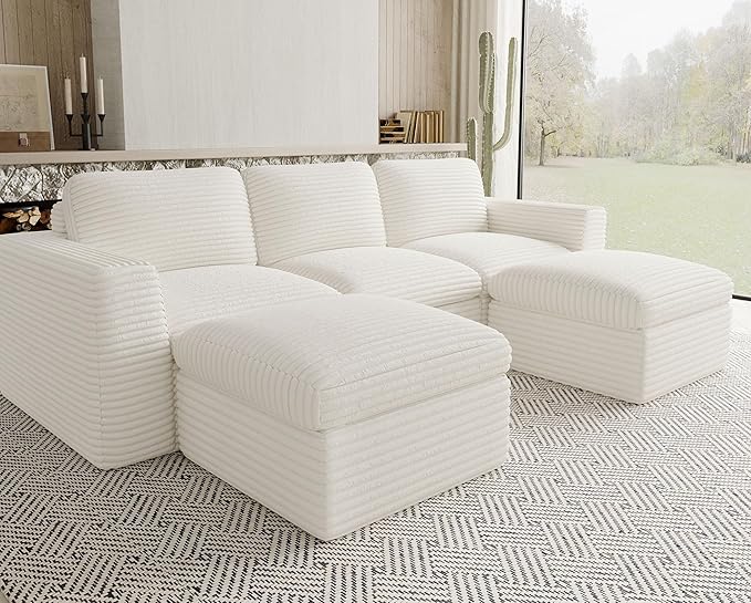 Belffin Boneless Modular Cloud Sectional Couch with Deep Seat Plush Corduroy 3-Seater Boneless U Shaped Couch with Ottoman No Assembly Required. Beige Sofa