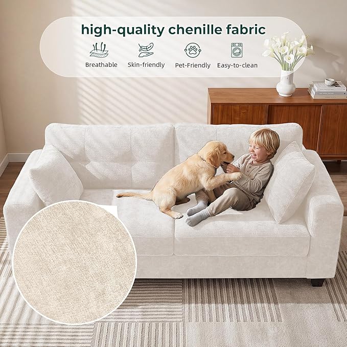 70" Loveseat Sofa for Living Room, Modern Chenille Cloud Couch with USB/Type-C Charging Ports, Side Pockets, Removable Cover, Wide Armrests, Small Couch for Small Space, Easy Assembly, Beige