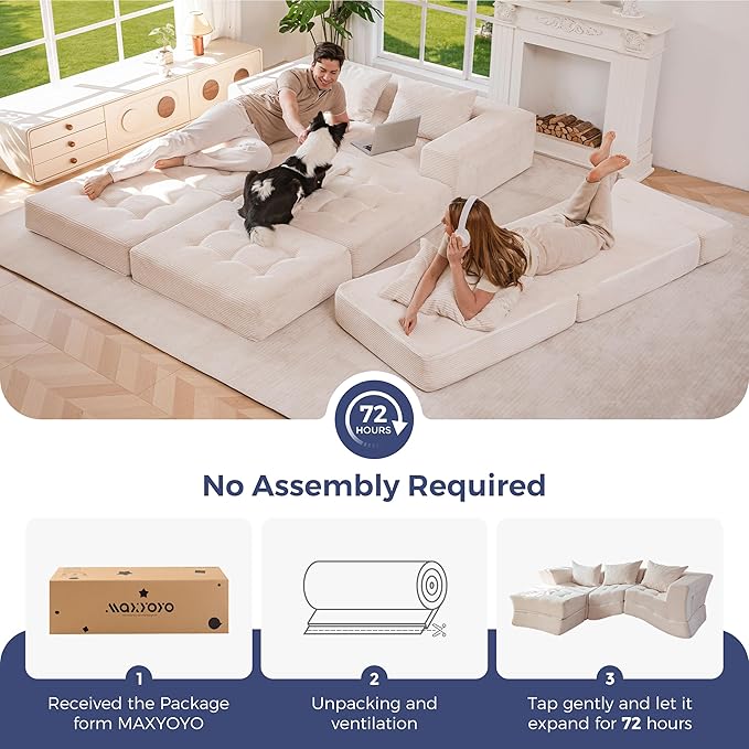 MAXYOYO Modular Sectional Sofa Couch, Foldable L-Shaped Folding Sofa Bed with Ottoman, Convertible Sectional Couch Corded Tufted Floor Sofa Lounger with Pillows for Living Room, No Assembly, Beige