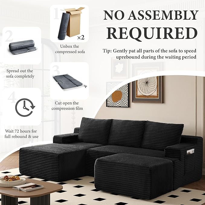 96" Sectional Couches for Living Room Cloud Couch Sofa with L-Shape Upholstered Boneless Couchs Modern Modular Sectional Couch with Chaise (Black, 96" W+Left Facing Chaise+2Seaters+Ottoman)