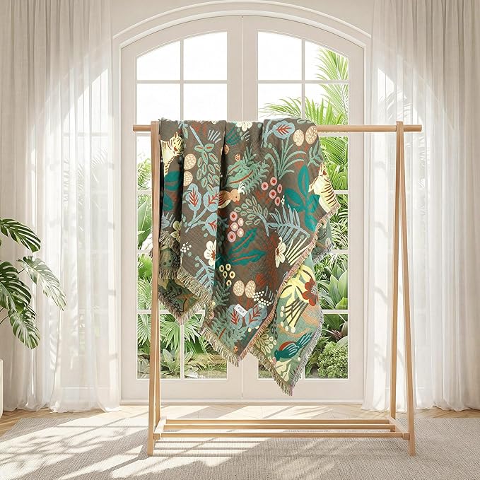 Boho Throw Blanket for Bed 100% Cotton Soft Lightweight Quilt Blanket Twin Forest Tiger Embroidery Home Decor Breathable Spring Bed Blankets,60"x80" All Season Throw for Sofa Couch Chair
