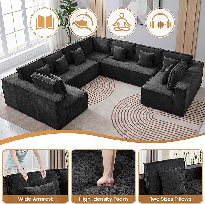 138'' Boneless Chenille U Shaped Couch, Oversized Modular Sectional 9 Seater Sofa, Modern Deep Seat Corner Cloud Compressed Couch, No Assembly Sleeper Sofa with Chaise for Living Room, Black