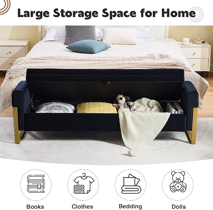 67" End of Bed Storage Bench King Size, Velvet Storage Bench for Bedroom Foot of Bed, Upholstered Storage Ottoman Bench with Gold Legs for Window Living Room Entryway, Black