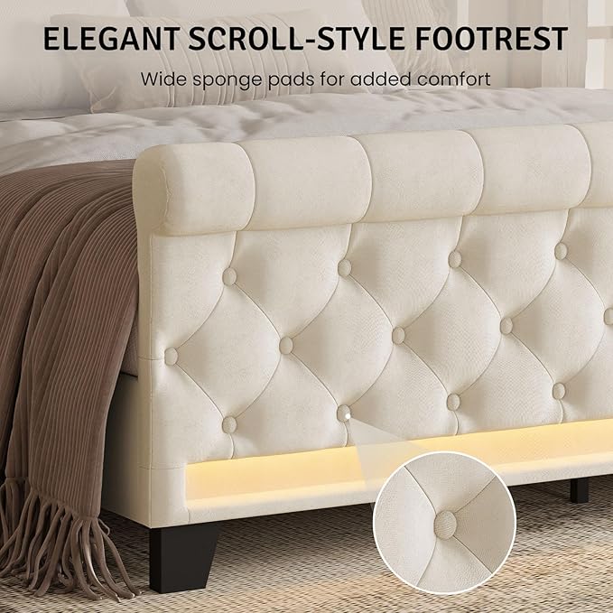 Belffin King Size Bed Frame with Headboard,50" Tall Headboard Upholstered Velvet Platform Bed with LED Lights & 2 USB Port/1 Type C Port, Button Tufted, No Box Spring Needed,Noise Free,Beige