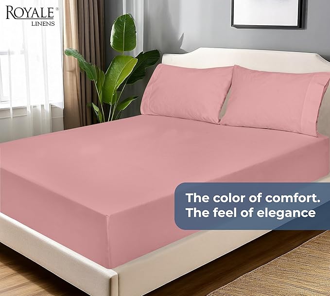 Royale Linens 100% Organic Cotton Fitted Sheet - Percale Weave - Super Soft Deep Pocket Bottom Sheets - Pink Elastic Sheet Queen Size - Queen Fitted Sheets Only - (60"x80"+15", Pink)