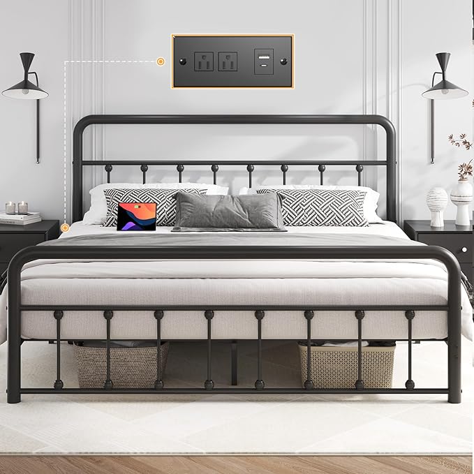 Fluest 14 Inch Queen Bed Frame Classic Metal Platform Bed Frame with Charging Station & LED, Victorian Style Iron-Art Headboard/Footboard, Under Bed Storage, No Box Spring Needed, Noise Free