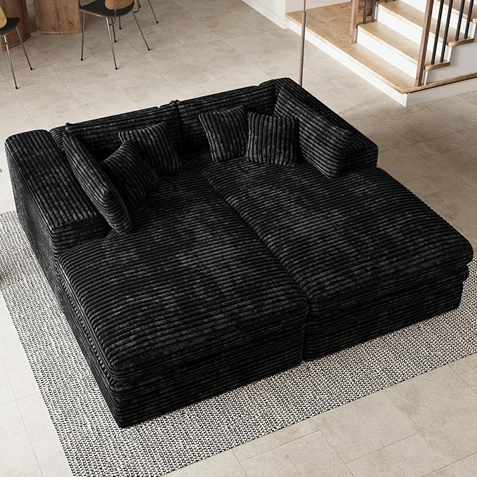 Belffin Double Chaise Lounge Sofa Bed Plush Corduroy Boneless Sectional Cloud Couches for Living Room Boneless Cloud Couch with Deep Seat No Assembly Required. Black Sofa