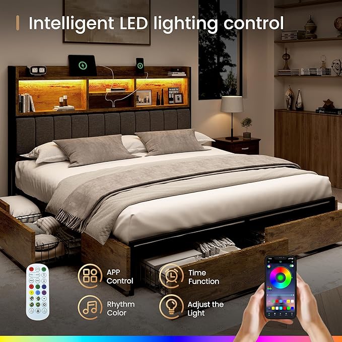 BRELTAM King Bed Frame with 6 Storage Drawers, Linen Upholstered Headboard, Built-in USB Charging Station & LED Lighting, Silent Metal Support, No Box Spring Needed, Vintage Brown