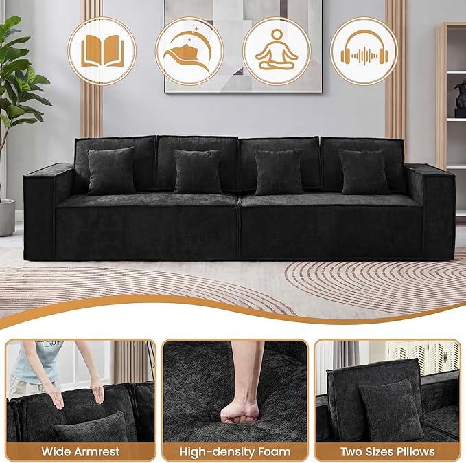 108'' Comfy Chenille Boneless Couch, Oversized Modular Sectional 4 Seater Sofa, Modern Deep Seat Corner Cloud Compressed Couch, No Assembly Sleeper Sofa with Chaise for Living Room, Black