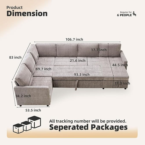 107" Modular Sectional Sleeper Sofa, Set of Modular Pieces with Pull Out Bed, U Shaped Sectional Couch with Storage, Extra Wide&Deep Seat Couches for Living Room, Removable Sofa Cover, Chenille-Slate