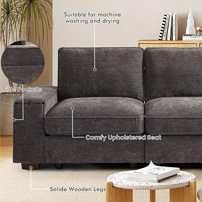 TEKAMON 45" Accent Chair with Seat Storage, Oversized Single Sofa Chair, Modern Chenille Fabric Armchair for Living Room/Office with Deep Seat, Wide Armrests, Side Pockets, USB, WashableCovers(DkGrey)