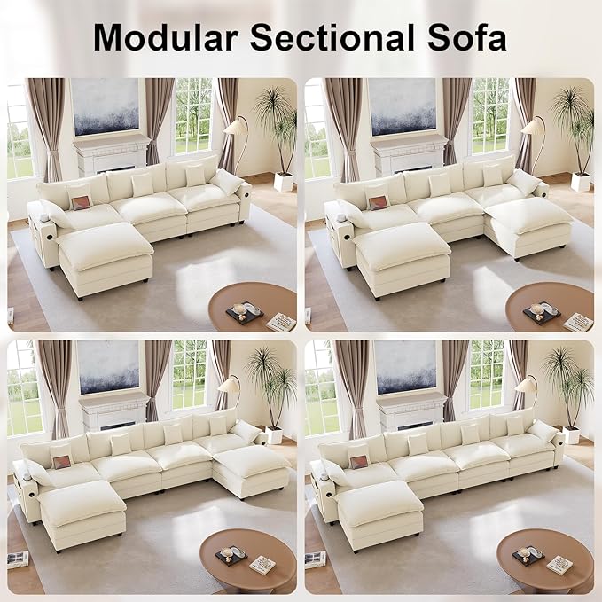 116" Modular Sectional Sofa, L Shaped Cloud Couch with Movable Ottoman, Chenille Deep Seat Cloud Sofa with Charging Station, Cup Holder, Side Pocket, Sectional Couches for Living Room, Beige