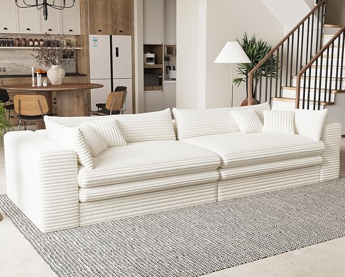 Belffin Plush Corduroy Boneless Cloud Couch with Deep Seat Convertible Sleeper Sofa Bed Cloud Boneless Sectional Couch No Assembly Required. Beige Sofa