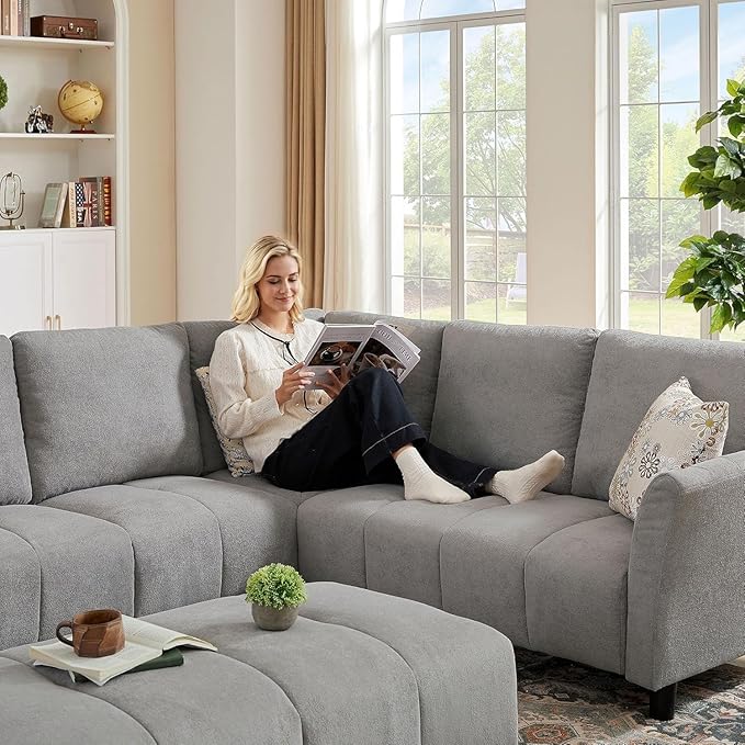 103" Convertible Sectional Sofa with Long Ottoman, Modern Upholstered Fabric L-Shaped Couch with Back Cushions, 6 Seat Sofa Couches for Living Room, Apartment, Office, Light Grey
