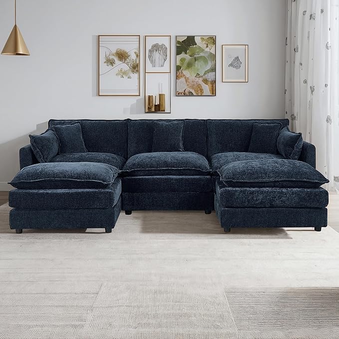 Setawix Deep 3 Seater Couch with Ottomans,112.2" U-Shaped Cloud Couches for Living Room,Chenille Cloud Sofa Couch with Deep Seat,Modular Sectional U Shape 3 Seat Sofa for Bedroom (Blue, 3+2)