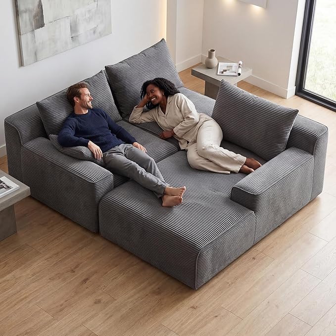 97" L-Shaped Boneless Modular Cloud Couch, Comfy Corduroy Sectional Sofa with Deep Seat and Right Facing Chaise, Flexible Module Combination for Living Room, No Assembly Required (Grey)