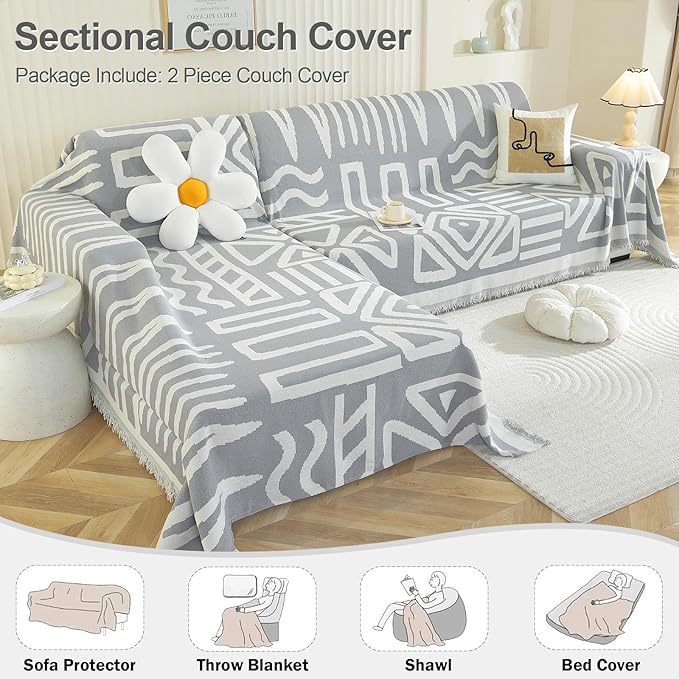 OstepDecor Boho Sectional Couch Covers 2 Pieces, L Shaped Sofa Cover, Chenille Couch Cover for Dogs Washable, Couch Cover Blanket, Sofa Slipcover for 2-3 Cushion Couch (71"x110"+71"x118", Gray)