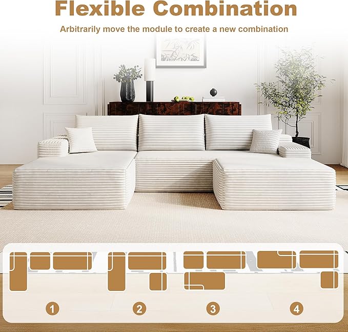 108" Sectional Couches for Living Room Cloud Couch Sofa with L-Shape Upholstered Boneless Couchs Modern Modular Sectional Couch with Chaise (White, 108" Left Facing Chaise+2Seaters+1Ottoman)