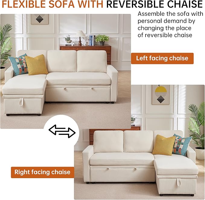 2-in-1 Convertible Sofa with Pull Out Bed, 76" L Shaped Comfy Sectional Couch 3-Seater Sleeper Sofa with Reversible Storage Chaise for Living Room, Beige