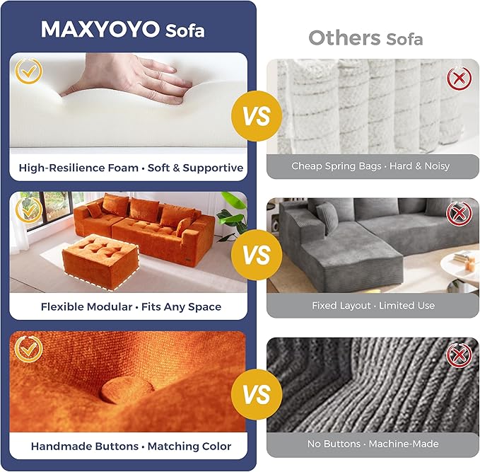 MAXYOYO Modular Sectional Sofa Couch, L Shaped Boneless Cloud Couch with Flexible Ottoman, Chenille Upholstered Living Room Sleeper Sofa Chair for Living Room, No Assembly Required, Orange