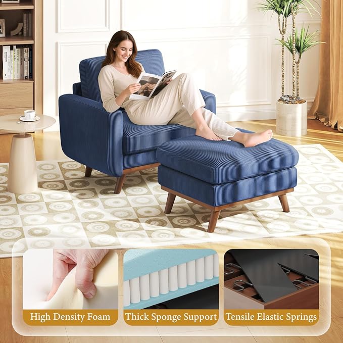Vesgantti 38.5" Accent Chair with Movable Ottoman, Comfy Corduroy Armchair with Spring Cushion, Reading Chair with Ottoman, Modern Single Sofa for Living Room, Bedroom and Apartment, Dark Blue