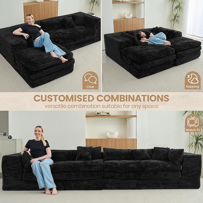 Belffin Plush Corduroy L Shaped Couch with Deep Seat Boneless Modular Sectional Cloud Boneless Couches for Living Room. Left Facing Chaise. Black Sofa