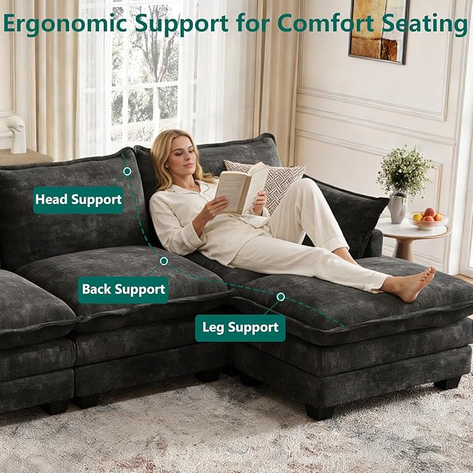 Modular Sectional U Shaped Sofa Couches for Living Room, Cloud Couch with Movable Ottoman, Comfy Chenille Sofa with Pillow for Bedroom and Apartment,Black