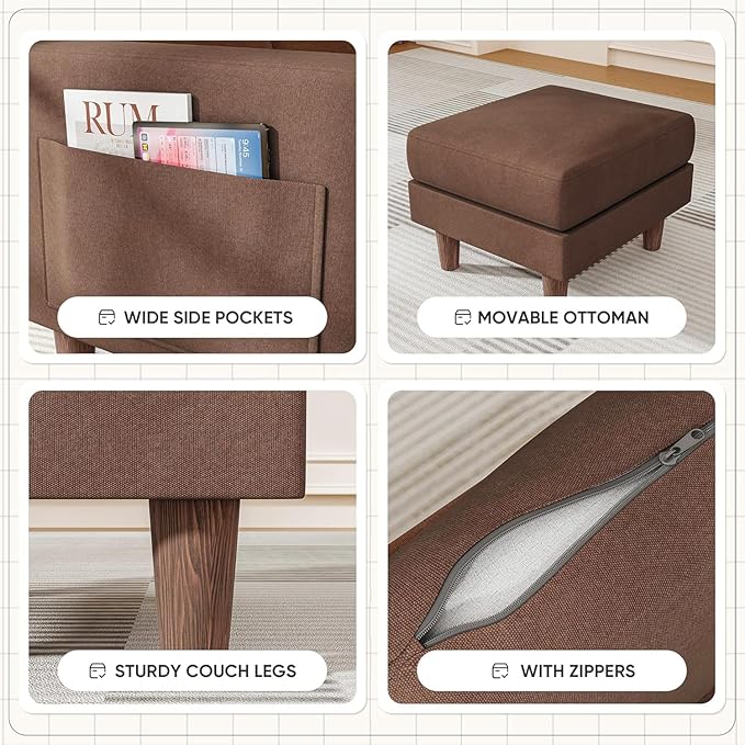 Homall Convertible Sectional Sofa 3 Seat L Shaped Couch with Side Storage Pocket, Sofas with Movable Ottoman, Small Linen Couches for Living Room & Apartment (Linen Fabric, Brown)