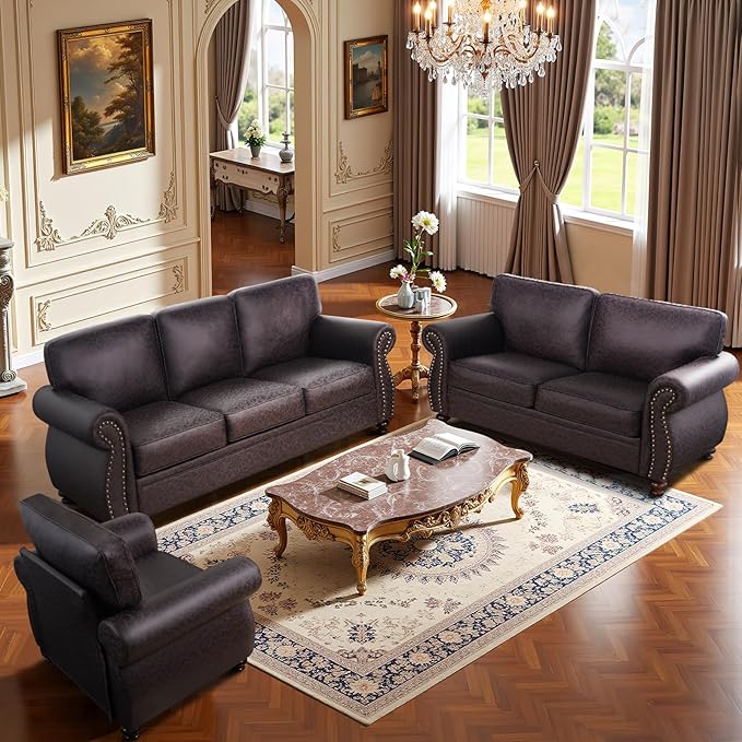 Living Room Furniture Sets,Sofa Sets and Couch Sets for Living Room,Mid-Century Vintage Sofa Couches with Rivet Design (Brown, Single+Loveseat+3 Seater)