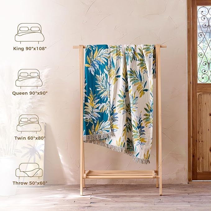 LUTBM Boho Throw Blanket for Bed Cotton Spring Blankets Twin Size for Bedroom Living Room All Season Lightweight Leaves Embroidery Breathable Quilt for Couch Sofa Chair 60"x80" Home Decor