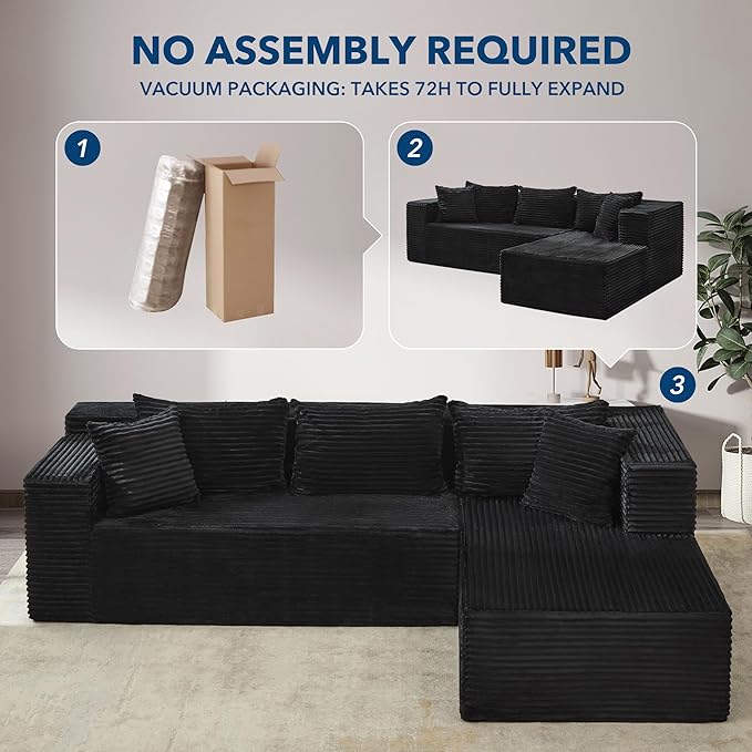 Garvee Modular Sectional Sofa Cloud Sectional Couch, 106" Comfy Fluffy L Shaped Black Couches for Living Room,Oversized Sofa Sleeper with Deep Seat, No Assembly Required, Black