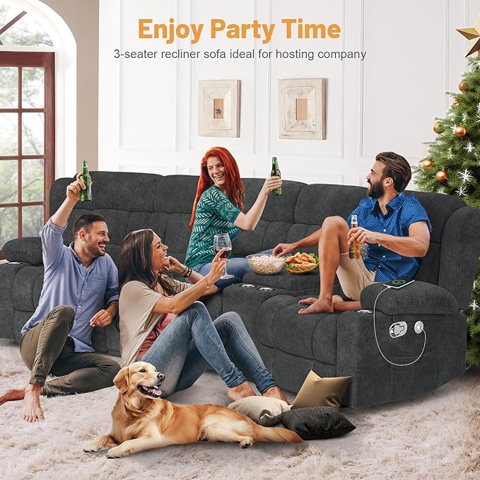 Recliner Sofa Set with Storage Console, Flip Middle Backrest Design 3 Seater Reclining Sofa and 2PC Single Recliner Chair, Manual Couches for Living Room (Gray, 3 Seat+Console+1+1)