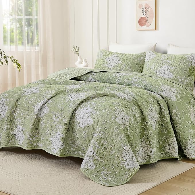 WONGS BEDDING Quilt King Size, Green Quilt Bedding Set with 2 Pillowcases, Botanical Quilt for King Bed, Soft Microfiber Lightweight Coverlet Bedspread for All Season (110"×90", 3 Pieces)