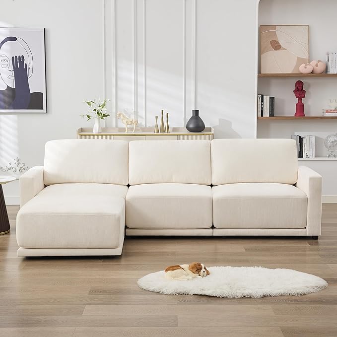110.6" L Shaped Modular Sectional Sofa Modern Chenille Comfy Couch with Thickened Seat Cushions, Easy Assembly, Upholstered 4 Seater Couch with Movable Ottoman for Living Room, White