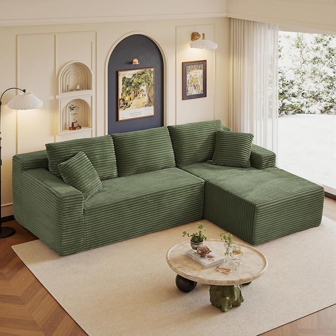 96" Sectional Couches for Living Room Cloud Couch Sofa with L-Shape Upholstered Boneless Couchs Modern Modular Sectional Couch with Chaise (Green, 96" W+Right Facing Chaise+2Seaters)