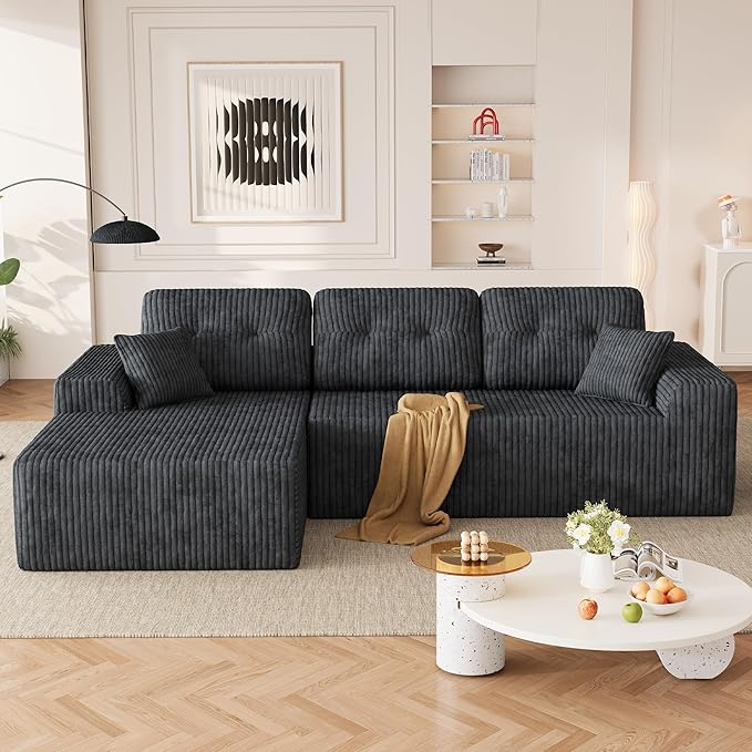 Ball & Cast 106" Boneless Sectional Sofa, Corduroy Modular L Shaped Couch with Deep Seat Chaise, Cloud Style Oversized Sofa for Living Room, No Assembly, Left Facing, Grey
