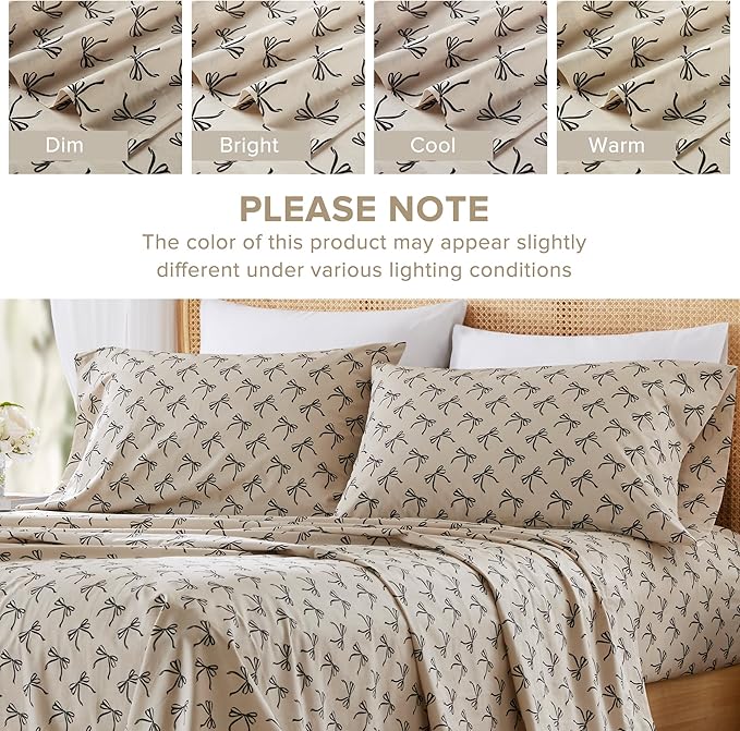 Comfort Spaces 100% Cotton Sheets Twin XL, Breathable, Naturally Cool Cotton Sheets, Cotton Bed Sheets with 12" Elastic Pocket Fits up to 14" Mattress, All Seasons Sheet Set, Bow Black/Taupe 3 Piece