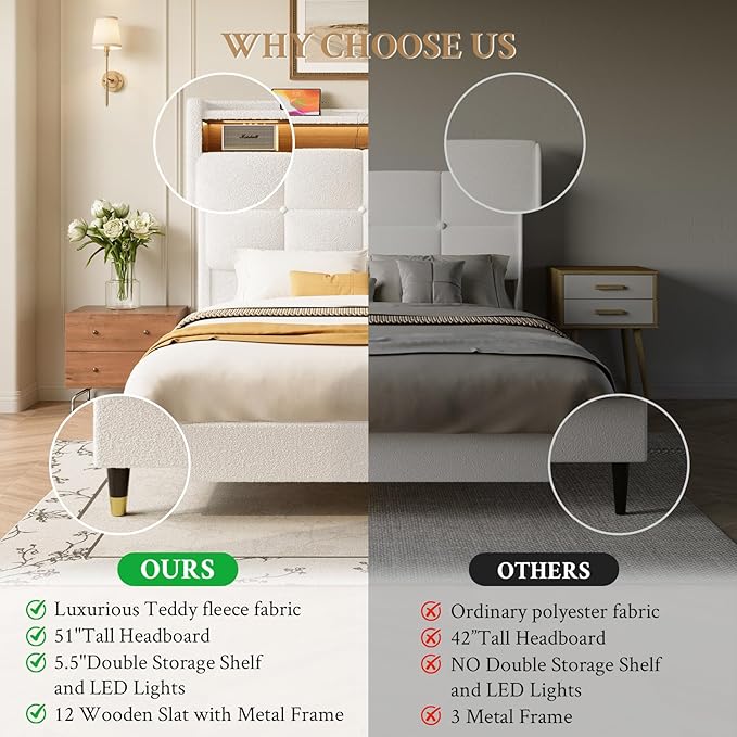 koorlian King Size Bed Frame, 51" Tall Wingback Tufted Headboard, Teddy Fleece Upholstered Bed Frame, LED Lights & USB/Type-C Port and Double Storage Shelf, No Box Spring Needed, Easy Assembly, White