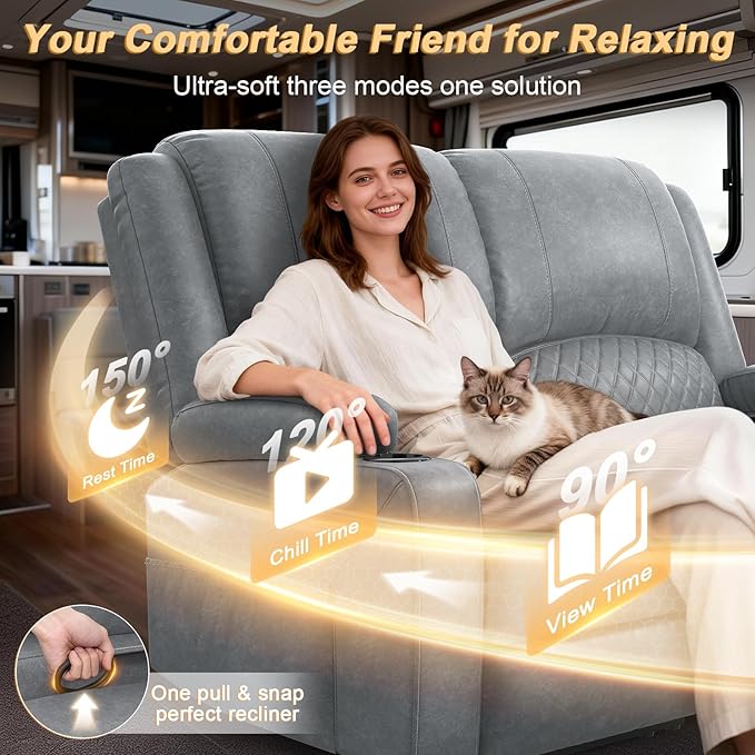 RV Loveseat Recliner Wall Hugger, Manual RV Reclining Loveseat with Removable Armrest, 3X Adjustable Theater Wall Hugger Loveseat Recliners with USB Ports, Cup Holders, Multi-Storage (PU,Grey)
