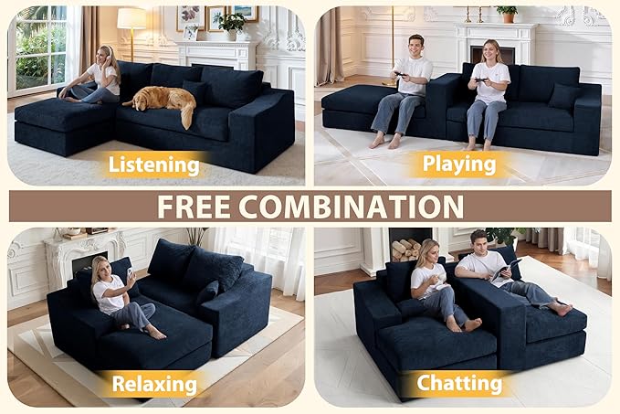 HABUTWAY 101'' Modular Sectional Sofa, Cloud Sectional Couches for Living Room, Comfy Boneless Couch with Deep Seat, Modern L-Shape Sofa with Chaise, No Assembly Required (Blue, Left Facing Chaise)
