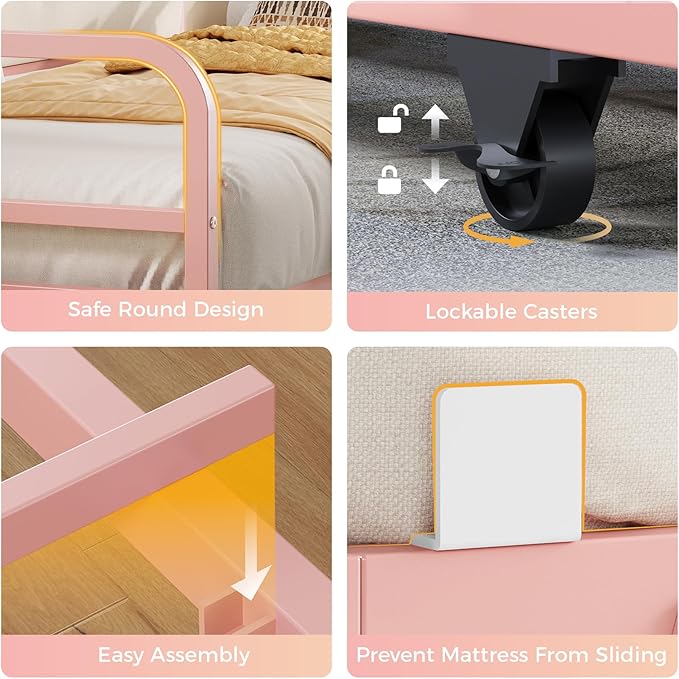 LIKIMIO Daybed with Trundle, Twin Bed Frame with Upholstered Headboard and Charging Station, Sofa Day Bed with Strong Supports for Living Room, Bedroom and Guest Room, Pink