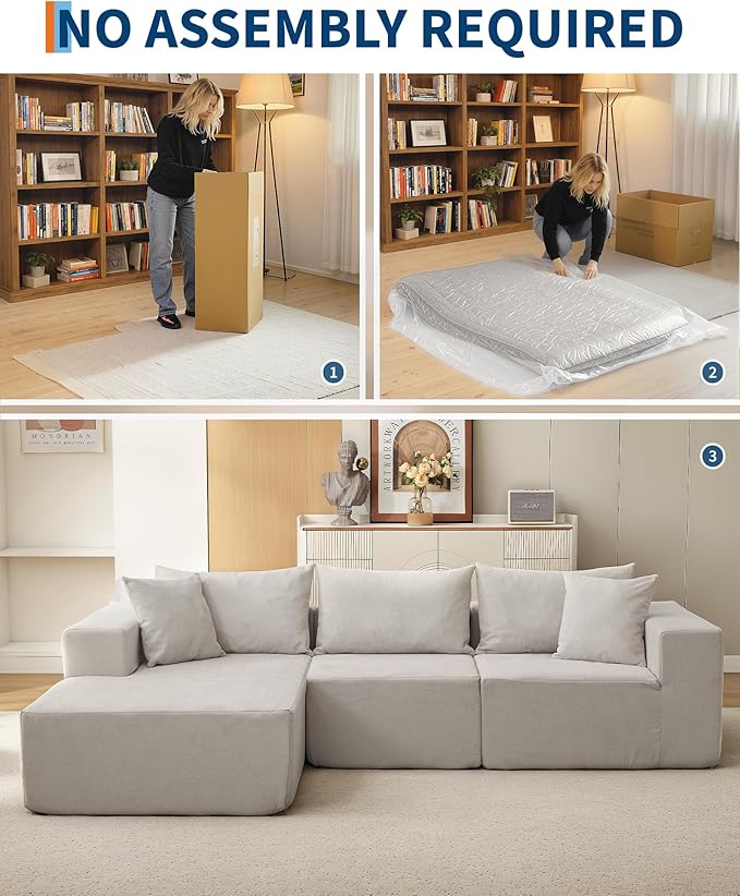 Garvee 108" Modular Sectional Sofa,Cloud Couch Sectional with Left Chaise | Compressed l Shaped Sofa for Living Room | Boneless Couch & Sofa Bed Design,No Assembly Required, Beige