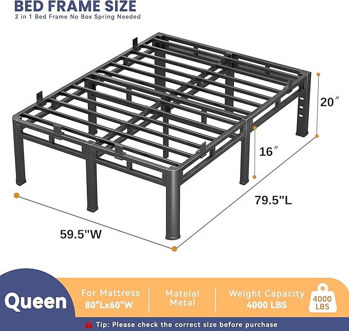 20 Inch Queen Bed Frame, Double Layer Heavy Duty Metal Platform 4000 lbs Capacity, Bed Frames with Headboard Holes, Round Corner Legs, No Box Spring Needed, Easy Assembly