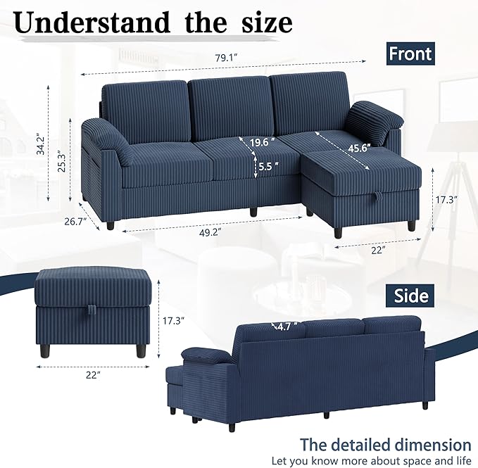Meilocar Sectional Sofa Couch for Living Room, 79" Sectional Couches with Ottoman, L Shaped Couch with Armrests Side Storage Pockage, Small Sofa Couches for Apartment, Blue