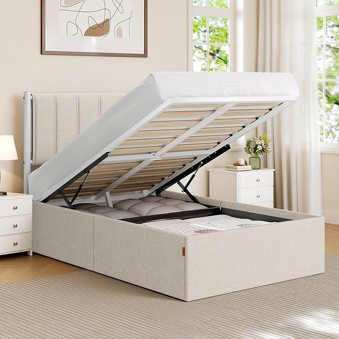 VASAGLE Lift Up Storage Bed Frame Twin Size, Hydraulic Platform Bed, with Upholstered Headboard, 550 lb Weight Capacity, No Box Spring Needed, Easy Assembly, Modern, Cappuccino Beige URMB603W01