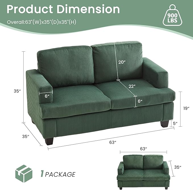 YOUDENOVA 2 Piece Set Comfy Sofa Couch, Loveseat Sofa * 2 with Deep Seats, Modern Sleeper Couch for Living Room, Green Corduroy